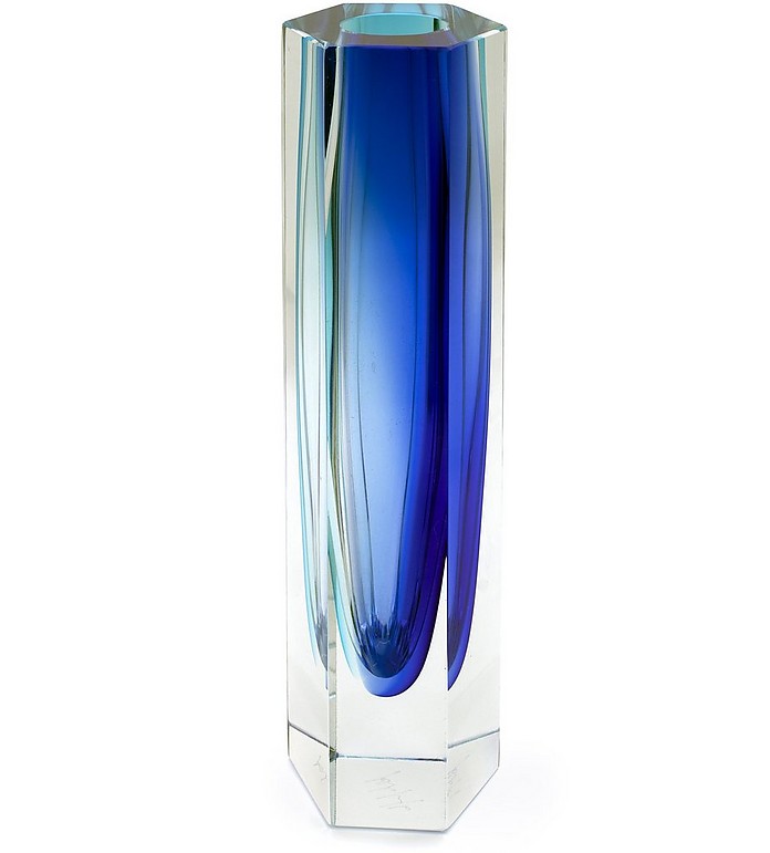 Large Esagonale Light Blue/Cobalt Murano Glass Vase - Alessandro Mandruzzato