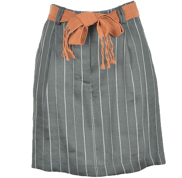 Gray Pinstriped Linen, Viscose and Cotton Blend  Skirt - Alysi