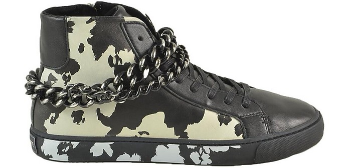 Black Leather Mid-Top Sneakers w/Chain - Patrizia Pepe
