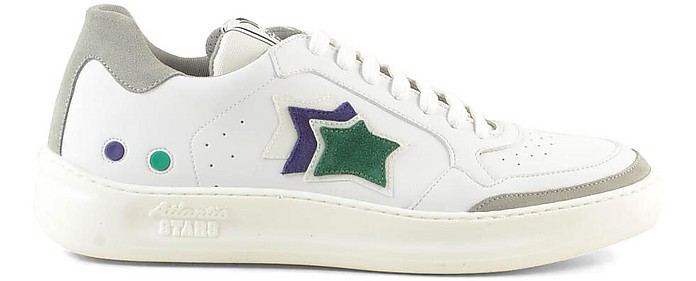 White Leather with Purple and Green Stars Men's Sneakers - Atlantic Stars