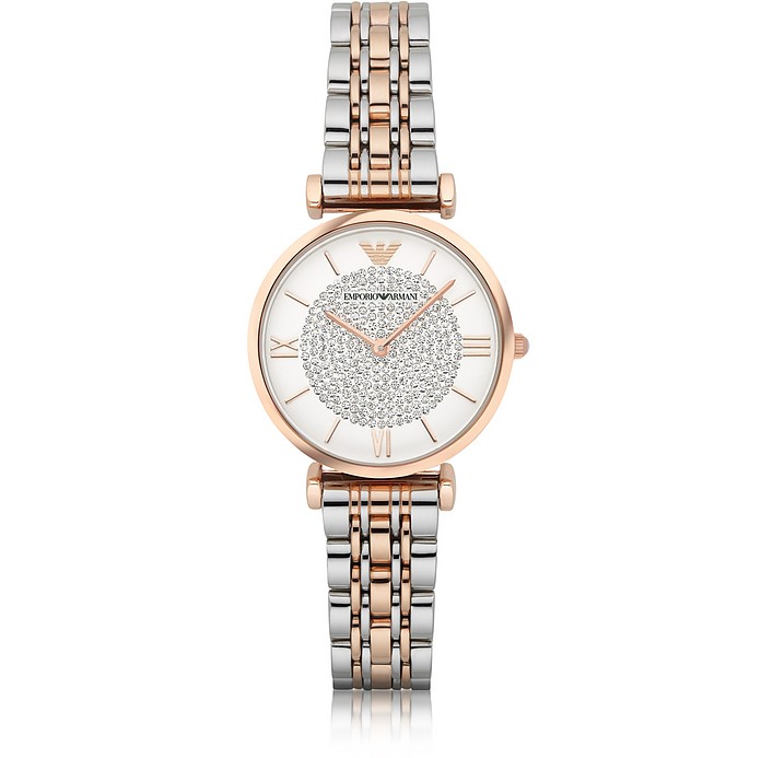 EMPORIO ARMANI WATCH T-BAR TWO TONE STAINLESS STEEL WOMEN’S WATCH WITH CRYSTALS