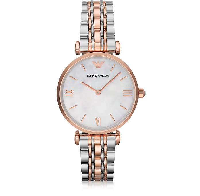 White Mother-of-Pearl Dial Stainless Steel and Rose Gold-tone Women's Watch - Emporio Armani