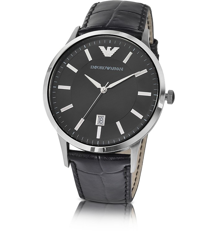 Men's Black Dial Stainless Steel Date Watch - Emporio Armani