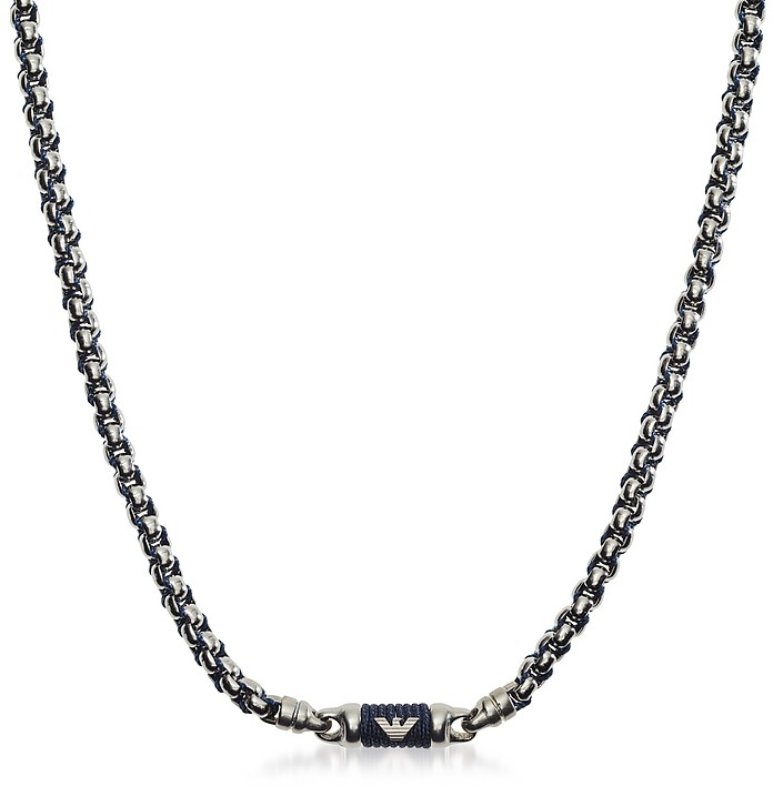 Blue Nylon and Stainless Steel Necklace - Emporio Armani