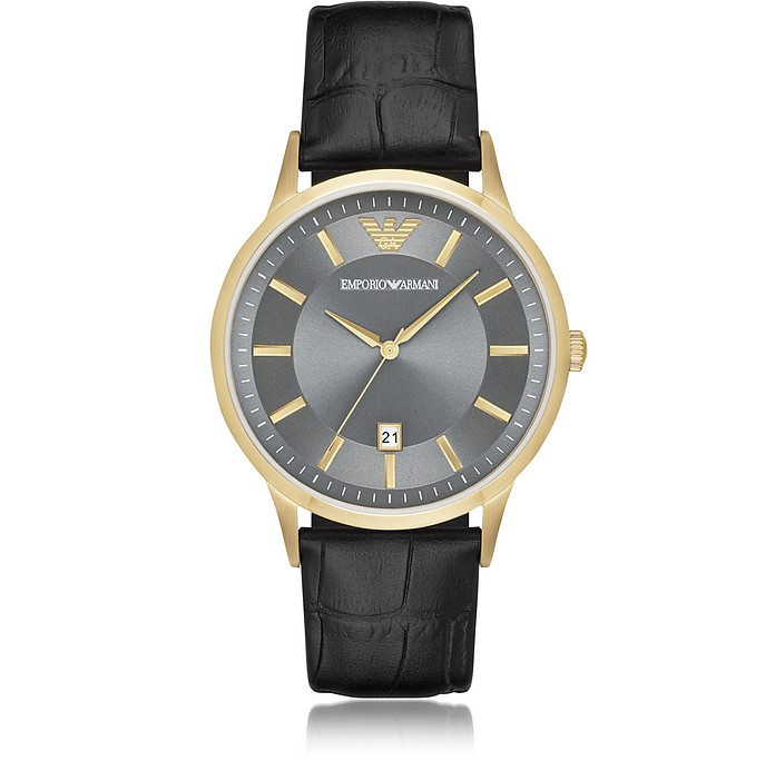 PVD Herren-Quartz-Armbanduhr aus goldfarbenem Edelstahl mit Lederarmband mit Krokoprägung - Emporio Armani