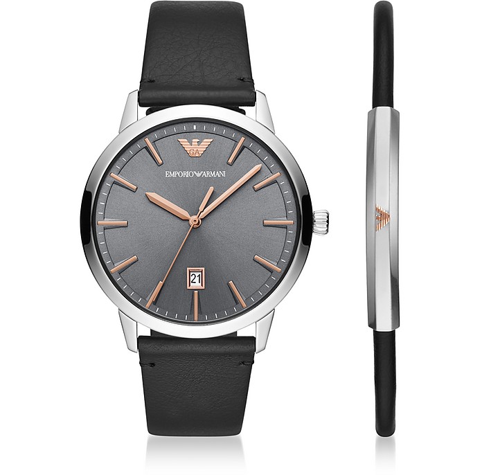 Ruggero Black Leather Stainless Steel Watch Gift Set - Emporio Armani