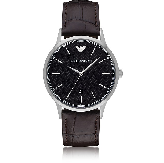 Black Dial Stainless Steel Men's Watch w/Leather Strap - Emporio Armani