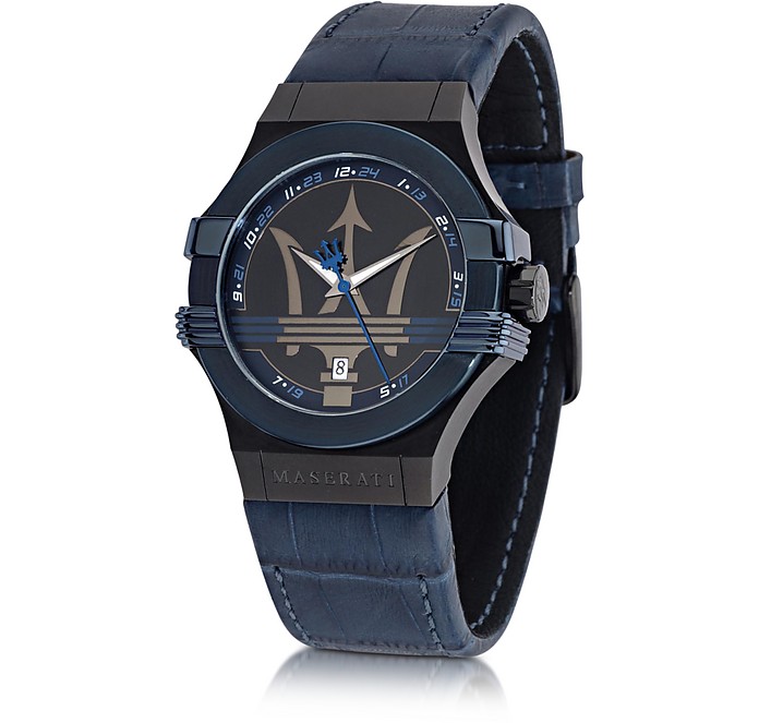 Potenza Blue Stainless Steel Men's Watch w/Croco Embossed Leather Band - Maserati
