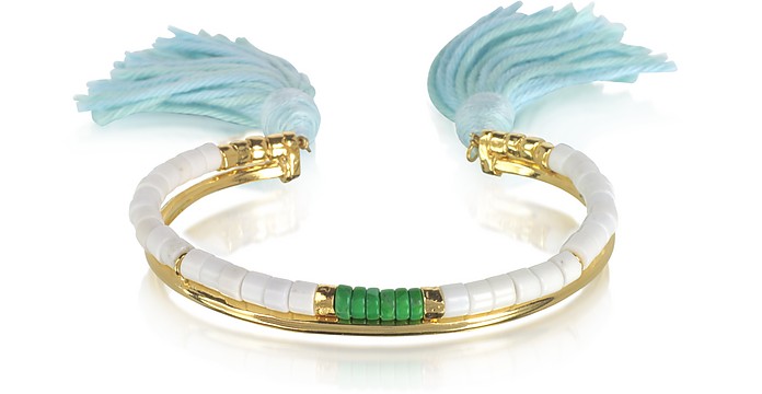 18K Gold-Plated & White Bamboo and Green Jaspe Beads Sioux Bracelet w/Light Blue Cotton Tassels - Aurelie Bidermann