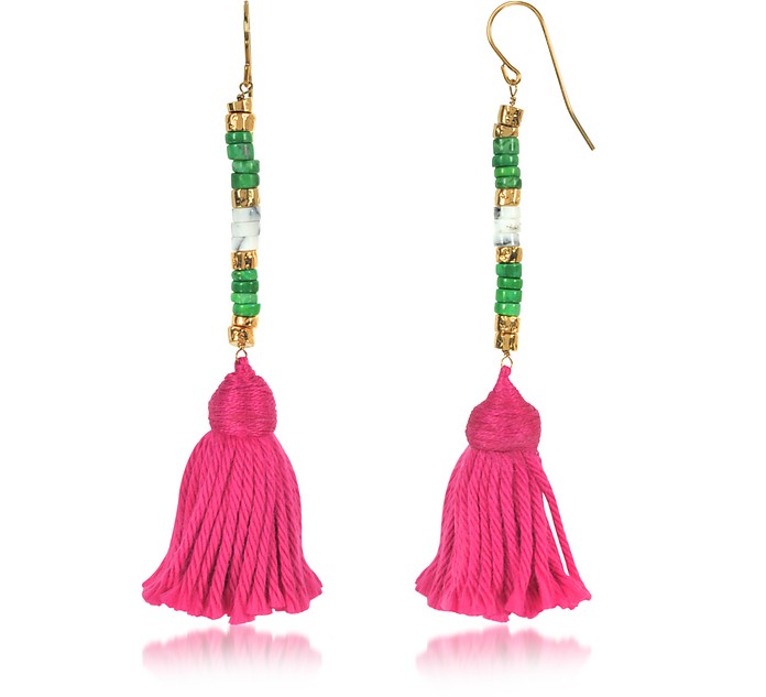 18K Gold-plated & Green Jaspe and White Bamboo Beads Sioux Earrings w/Pink Cotton Tassels - Aurelie Bidermann