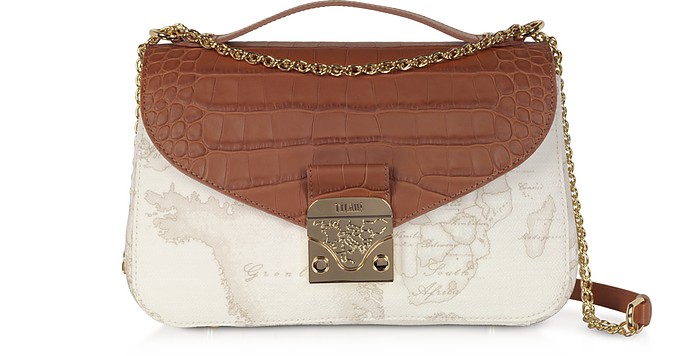 Jolie White Coated Canvas & Embossed Croco Leather Shoulder Bag - Alviero Martini 1A Classe