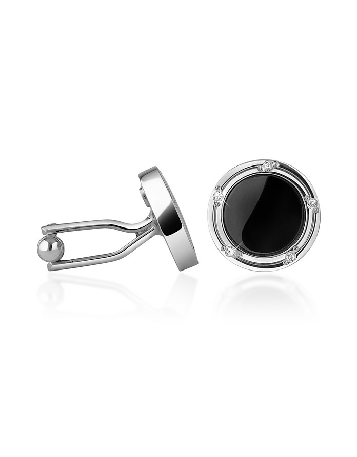 Onyx Silver Plated Round Cufflinks - AZ Collection