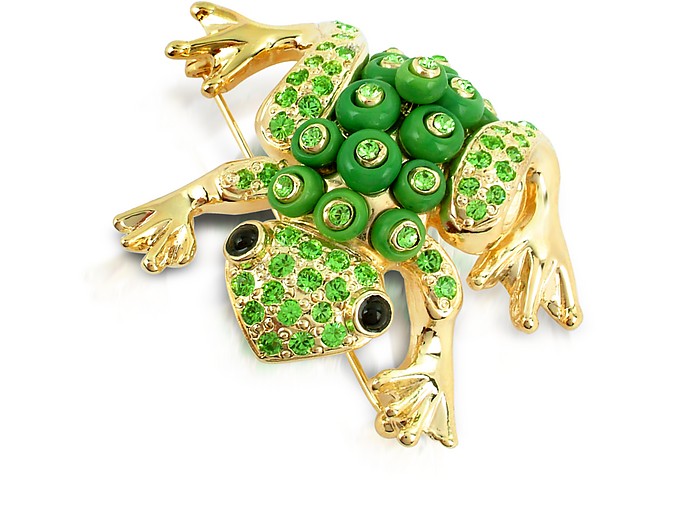 Позолоченная Брошь-Лягушка с Зелеными Кристаллами - AZ Collection