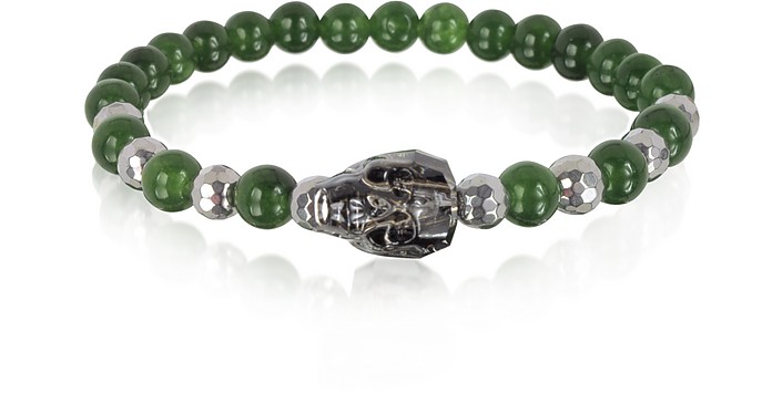 Jade Irregular Stone Men's Bracelet w/Gunmetal Swarovski Crystal Skull - Blackbourne