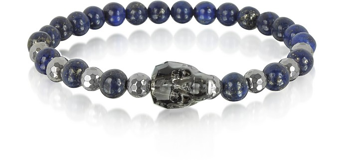 Lapis Lazuli Irregular Stone Men's Bracelet w/Gunmetal Swarovski Crystal Skull - Blackbourne