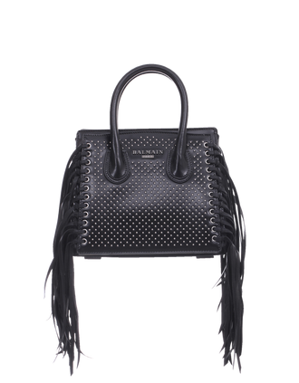 Black Studded Leather Mini 3D Fringes Leather Satchel Bag - Balmain