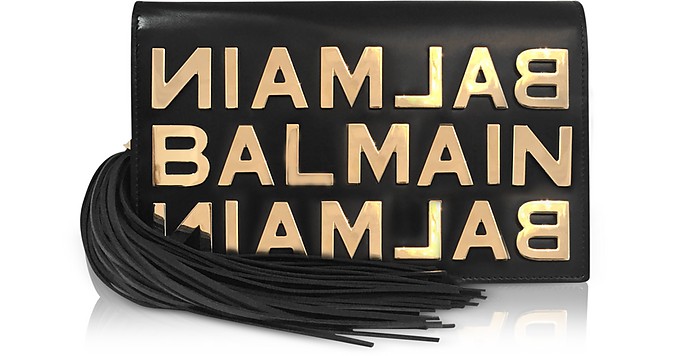 Black Leather Clutch w/Metallic Logo and Tassels - Balmain