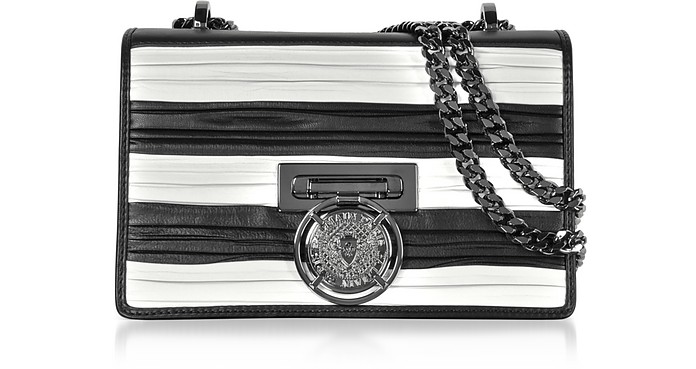 Black/White Striped and Pleated Leather BBox 20 Flap Shoulder Bag - Balmain