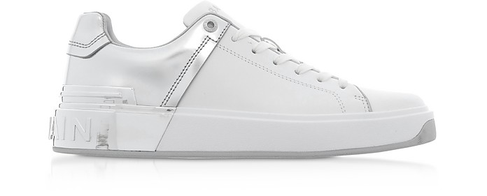 White & Silver Leather Lace up Women's Sneakers - Balmain