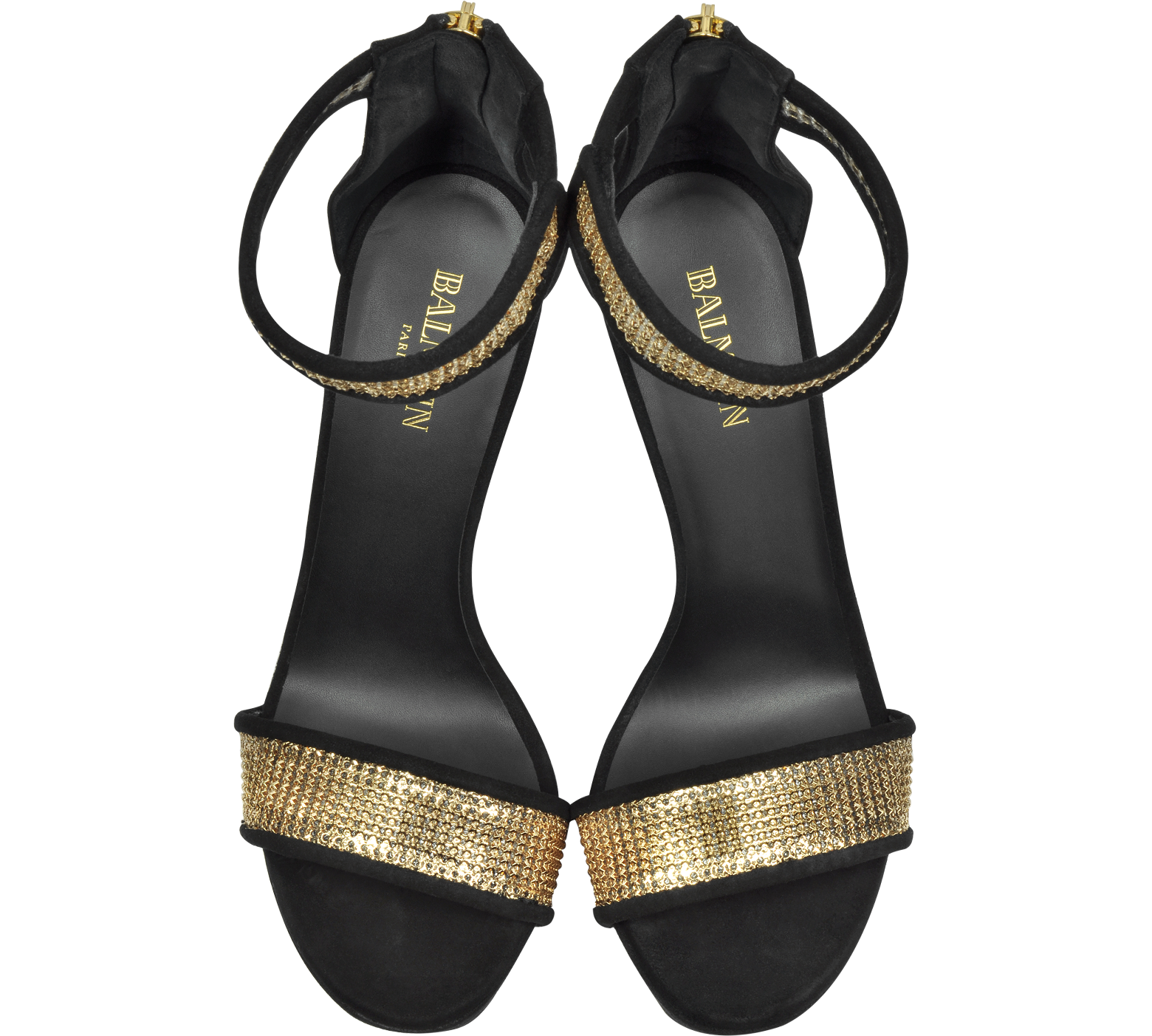 Balmain Samara Golden Mesh and Black Suede Wedge Sandals 36 FR at FORZIERI