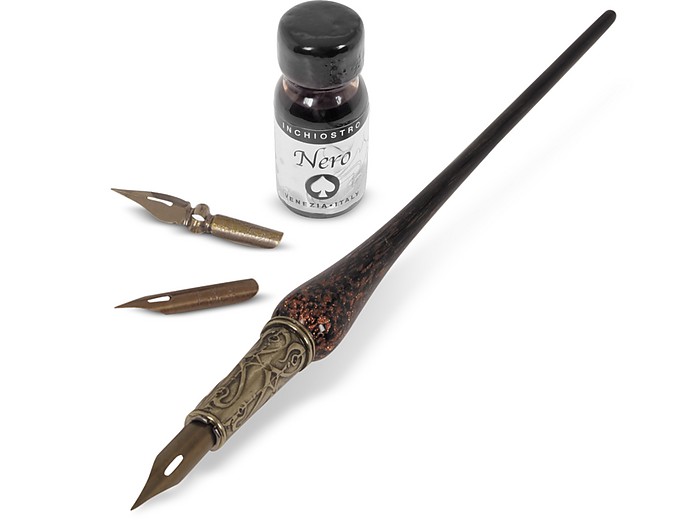 Black Glitter Handmade Murano Glass Pen/Calligraphy Set - Bortoletti