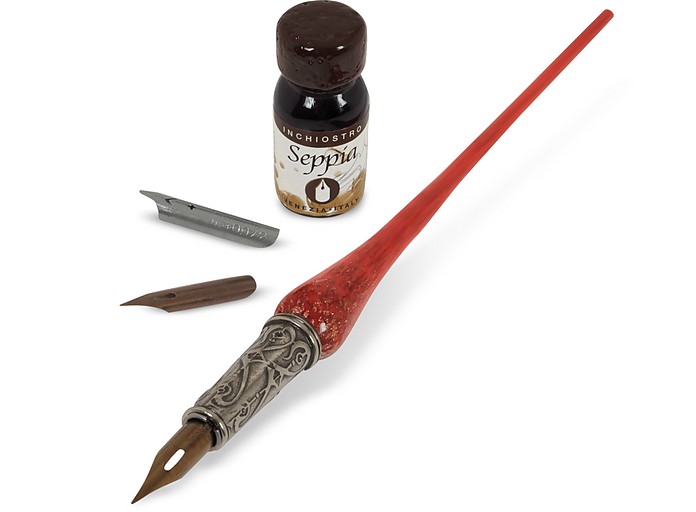 Red Glitter Handmade Murano Glass Pen/Calligraphy Set - Bortoletti