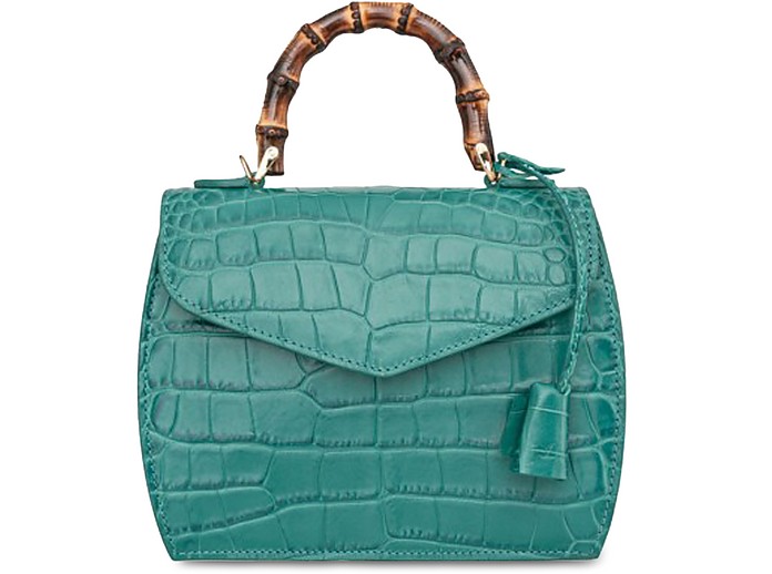 Buti Designer Handbags Cocco Embossed Leather Medium Satchel W/bamboo Handle In Vert Émeraude