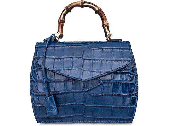 Buti Designer Handbags Cocco Embossed Leather Medium Satchel W/bamboo Handle In Bleu Cobalt