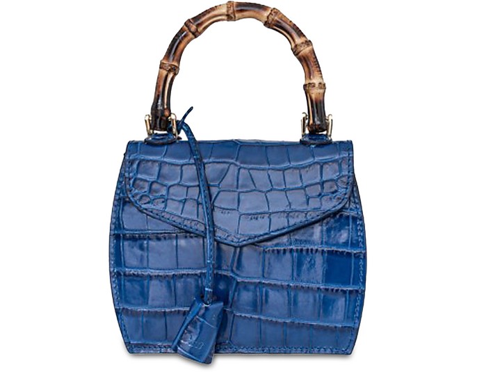 Buti Designer Handbags Cocco Embossed Leather Mini Satchel W/bamboo Handle In Bleu Cobalt