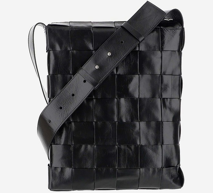 Black Intrecciato Leather Men's Crossbody Bag - Bottega Veneta