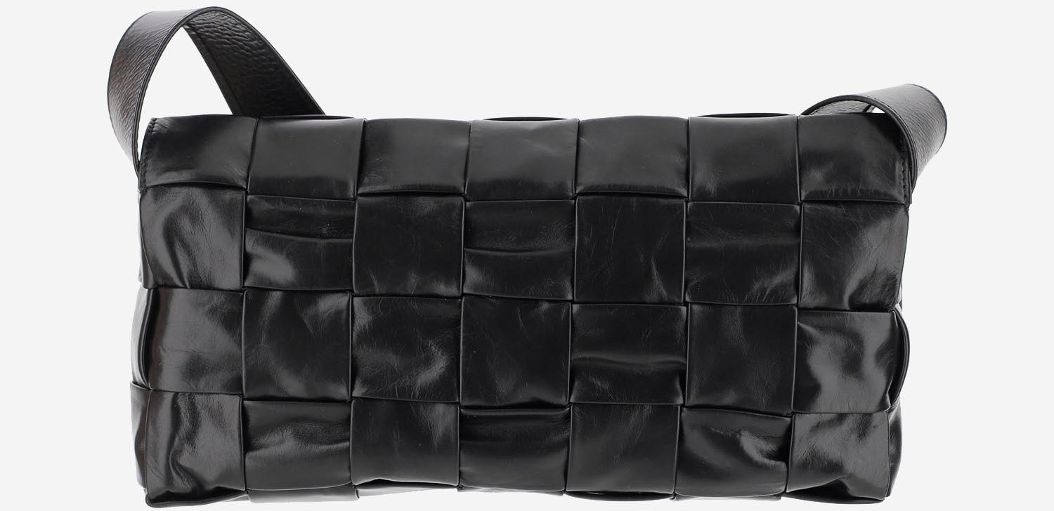 Bottega Veneta Black Leather Intrecciato Shoulder Bag at FORZIERI