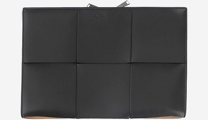 Black Woven Leather Document Case Clutch - Bottega Veneta
