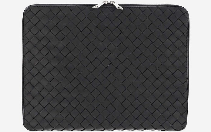 Black Woven Leather Document Holder w/Zip  - Bottega Veneta