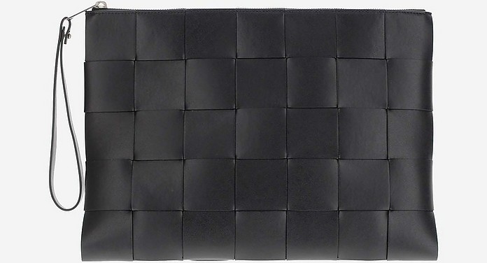 Black Woven Leather Clutch w/Wristlet - Bottega Veneta
