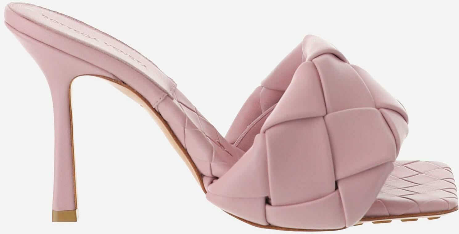 Bottega Veneta Pink Woven Leather High Heel Lido Slide Sandals 40 It Eu At Forzieri