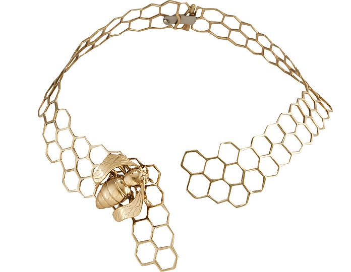 Brass Honeycomb Necklace w/ Bee - Bernard Delettrez