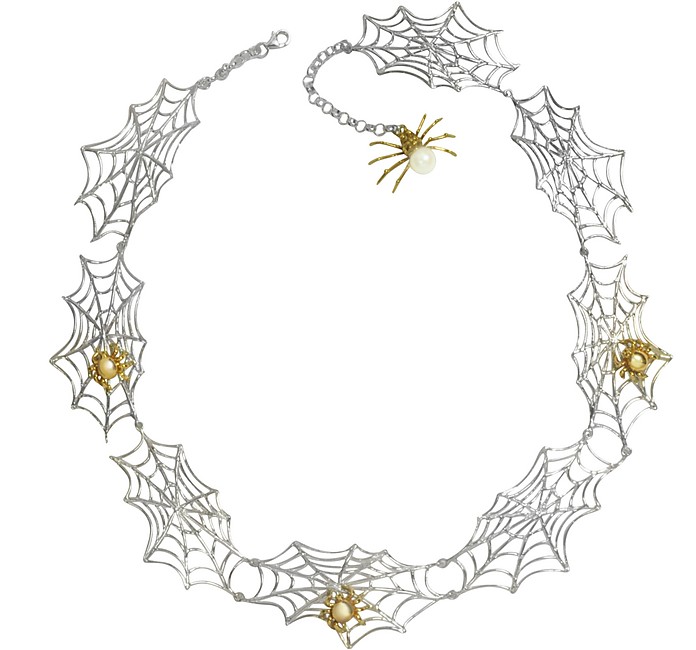 Bronze Spiders on Silver Web Necklace - Bernard Delettrez