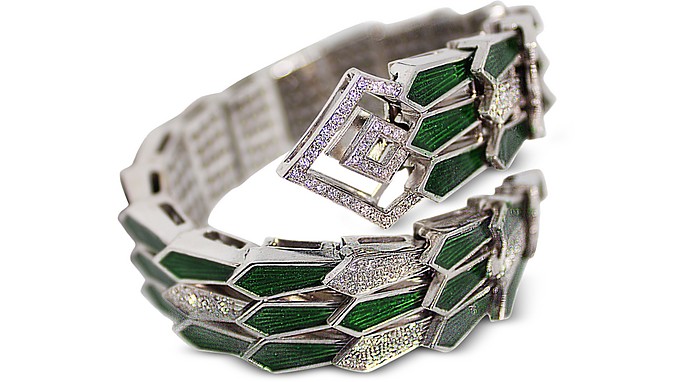 White Gold Spiral Triple Snake Bracelet w/ Diamonds&Green Enamel - Bernard Delettrez
