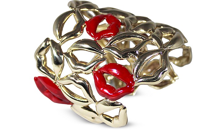 Multi Lips Brass Cuff Bracelet w/ Five Enamelled Red Lips - Bernard Delettrez
