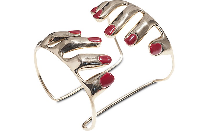 10 Fingers Bronze Cuff Bracelet w/ Enamelled Nails - Bernard Delettrez