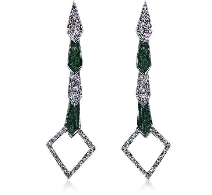 White Gold Snake Earrings w/ Diamonds&Green Enamel - Bernard Delettrez