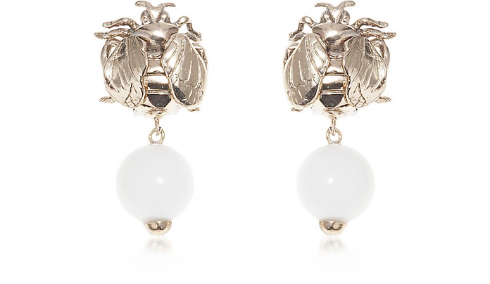 Bee Bronze Earrings w/ White Agate - Bernard Delettrez