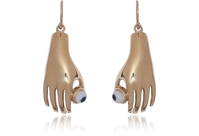 Medium Bronze Hand Earrings w/ Blue Eye - Bernard Delettrez