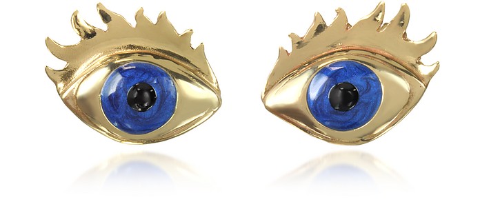 Blue Enamel Eye Bronze Earrings - Bernard Delettrez