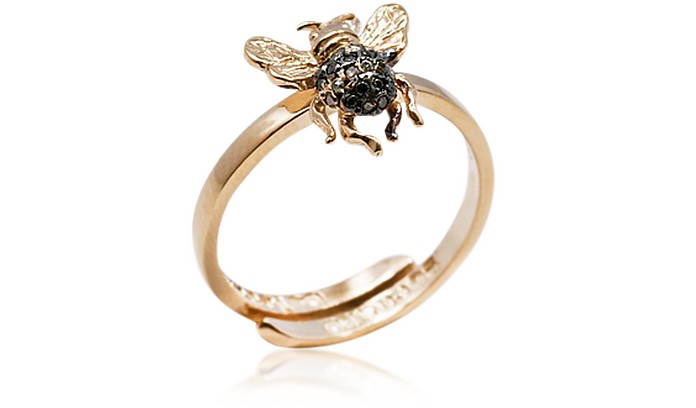 Mini Bee Gold Band Ring w/ Pavé Black&Cognac Diamonds - Bernard Delettrez
