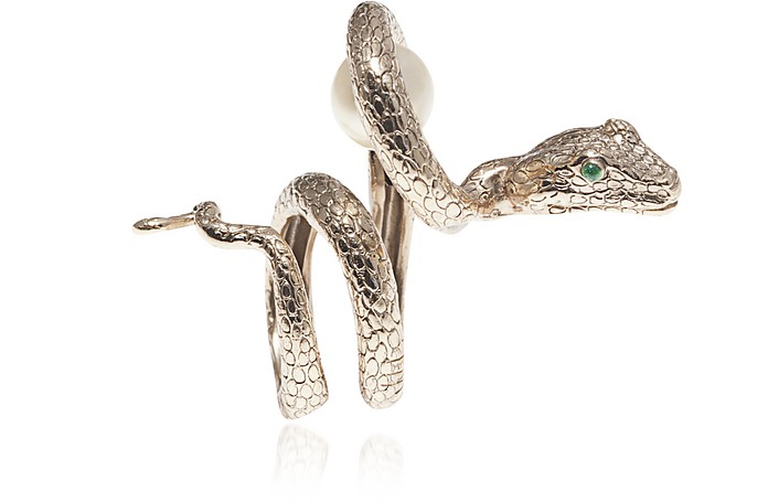 Arched Snake Bronze Ring w/ Pearl - Bernard Delettrez