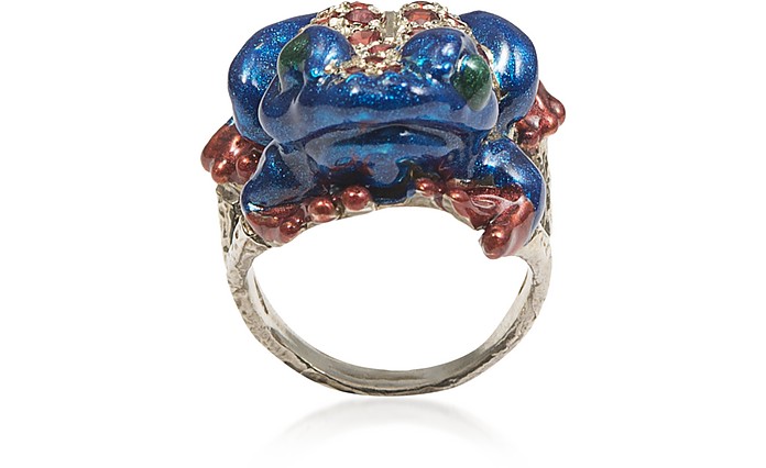 Silver Froggy Ring w/ Pavé Red Sapphires And Blue Enamel - Bernard Delettrez