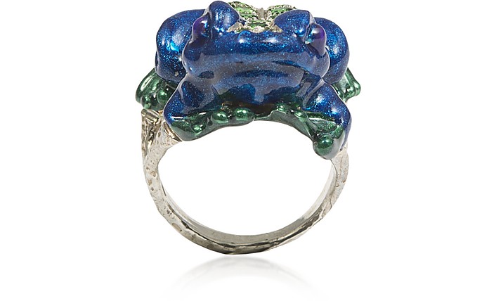 Silver Froggy Ring w/ Pavé Tsavorites And Blue Enamel - Bernard Delettrez