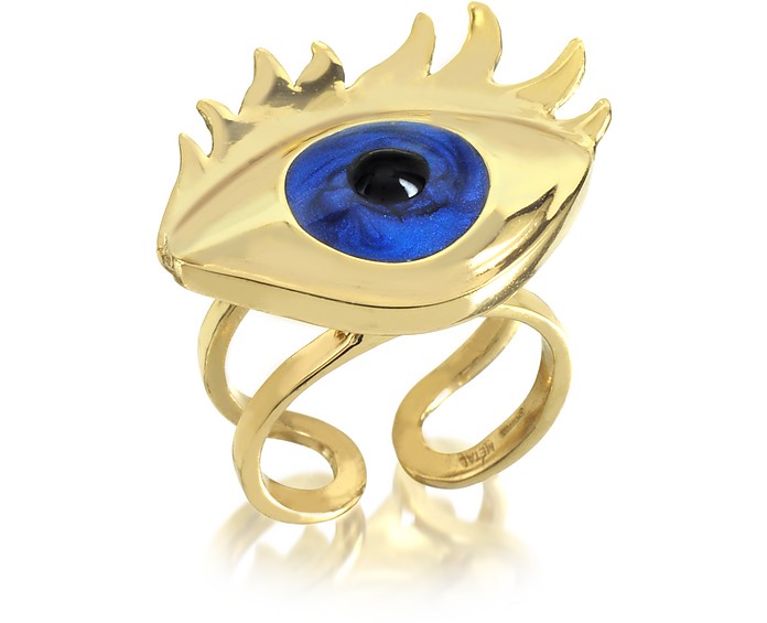 Blue Enamel Eye Bronze Ring - Bernard Delettrez