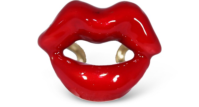 Gold Plated Lips Ring with Red Enamel - Bernard Delettrez